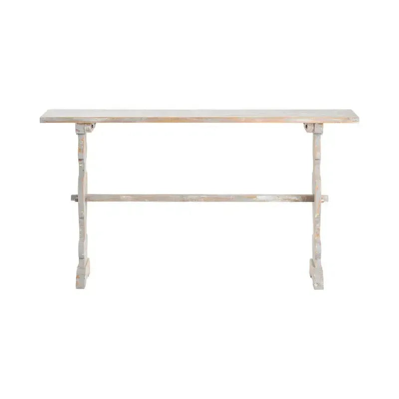 Crestview Collection Bengal Manor 55" x 14" x 30" Rustic Mango Wood Carved Leg Console Table In Heavily Distressed Gray Finish