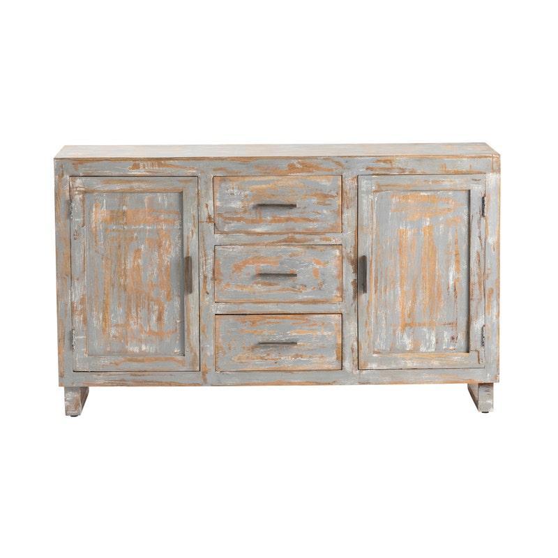 Crestview Collection Bengal Manor 60" x 18" x 36" 2-Door 3-Drawer Rustic Mango Wood Sideboard In Heavily Distressed Gray Finish