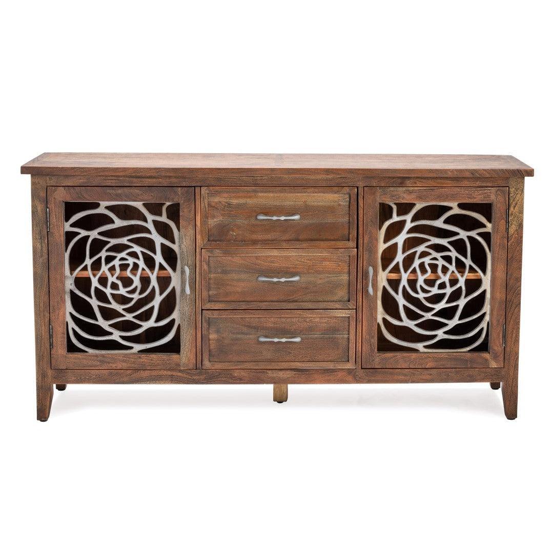 Crestview Collection Bengal Manor 66" x 17" x 34" 2-Door 3-Drawer Rustic Brown Acacia Wood And Aluminum Sideboard