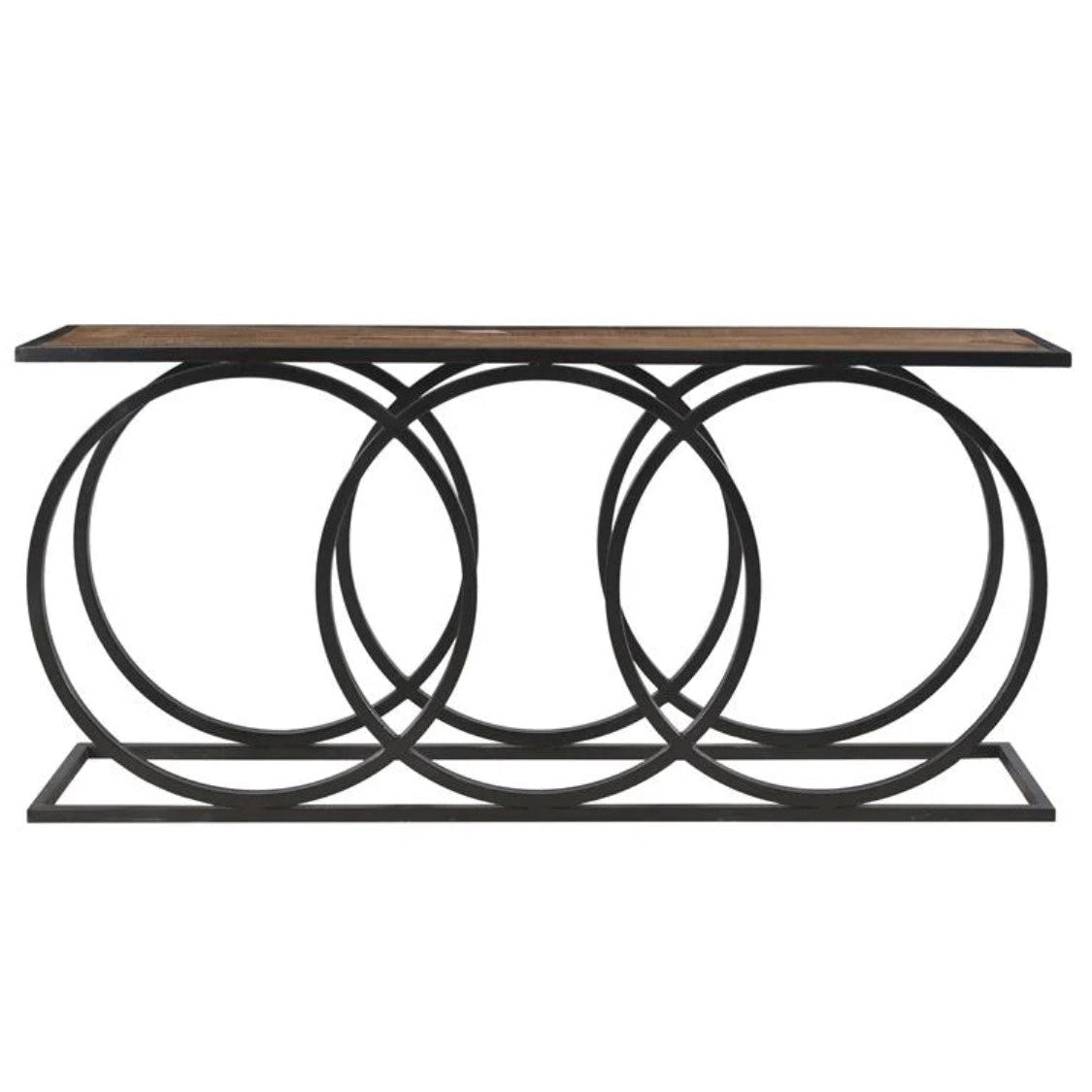 Crestview Collection Bengal Manor 67" x 16" x 31" 3 Circles Rustic Metal And Wood Console In Brown Wood and Black Finish