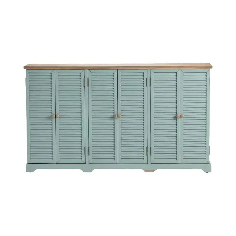 Crestview Collection Clearwater 63" x 12" x 36" 6-Louvered-Door Coastal Blueish Gray Wood Sea Wash Sideboard With Wood Top