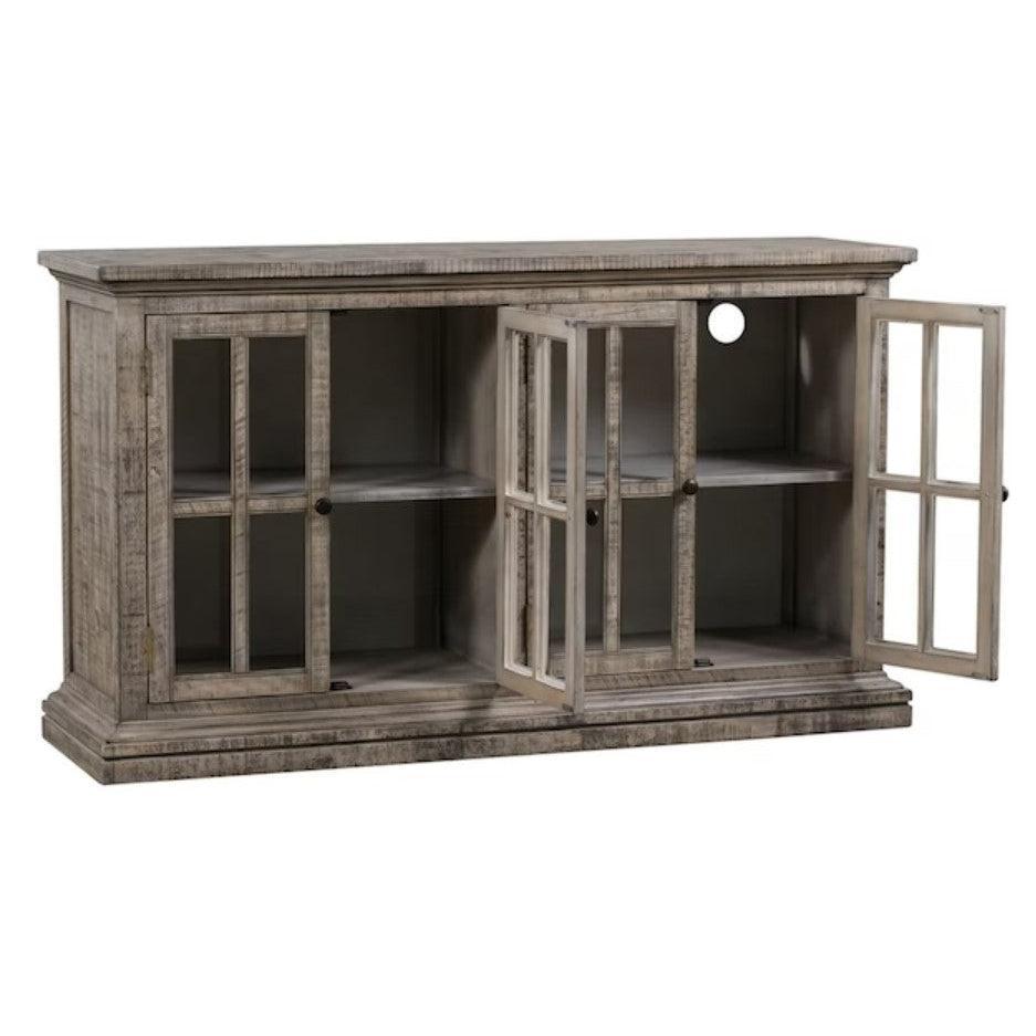 Crestview Collection Hawthorne Estate 62" x 18" x 36" 4-Door Rustic Wood Windowpane Sideboard In Driftwood Finish