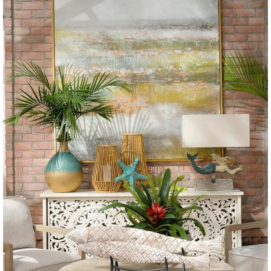 Crestview Collection Marlee 10" x 10" x 16" Coastal Cane And Glass Medium Candle Holder In Natural Cane Finish