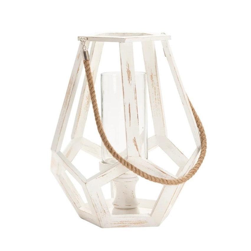 Crestview Collection Myers 14" x 14" x 17" Coastal Wood And Glass Medium Candle Holder With Hemp Handle In White Washed Finish