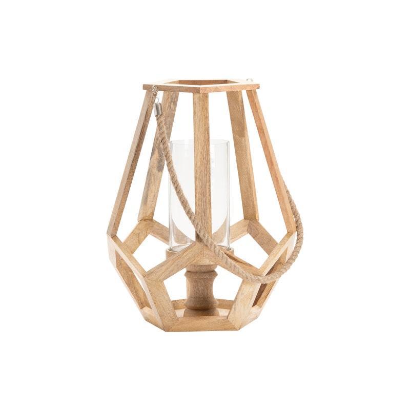 Crestview Collection Myers 14" x 14" x 17" Rustic Wood And Glass Medium Candle Holder With Hemp Handle In Natural Wood Finish
