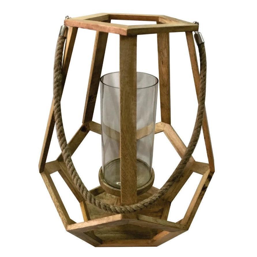 Crestview Collection Myers 16" x 16" x 21" Coastal Wood And Glass Large Candle Holder with Hemp Handle In Natural Wood Finish