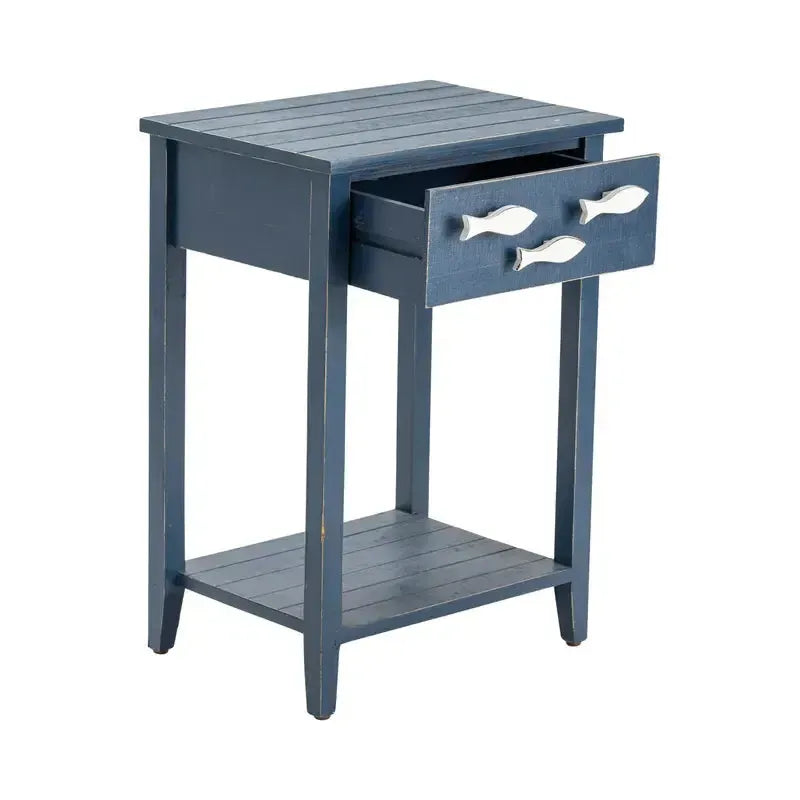 Crestview Collection Nautical Navy 18" x 13" x 25" 1-Drawer Coastal Wood Accent Table w/ Fish Hardware In Distressed Blue Finish