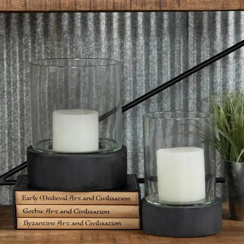 Crestview Collection Orian 9" x 9" x 10" Rustic Concrete And Glass Large Candle Holder In Ebony Concrete Finish