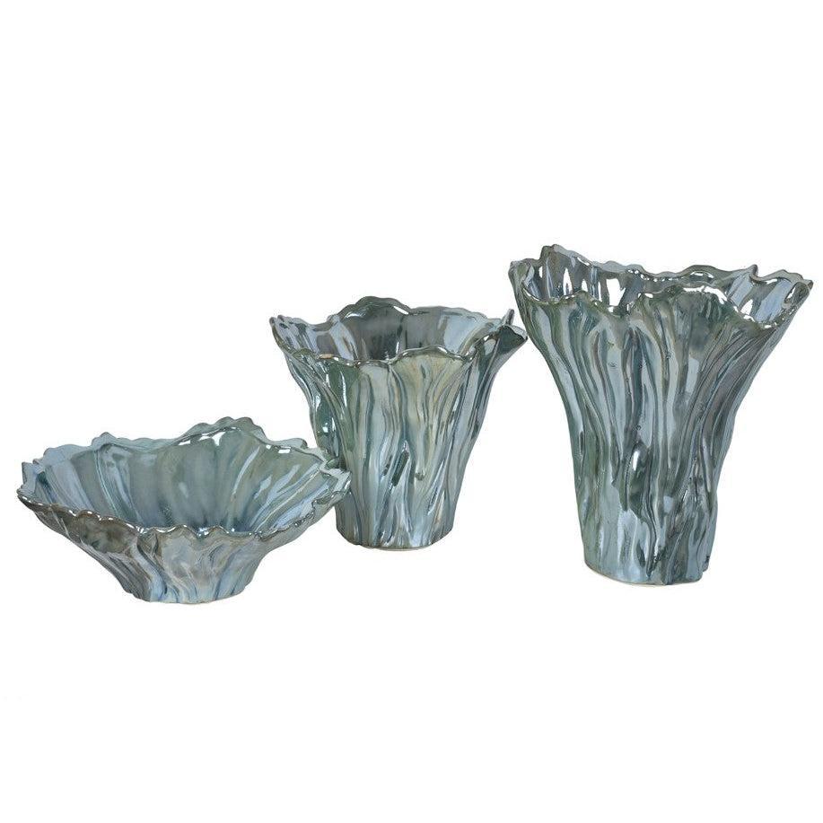 Crestview Collection Quinton 11" & 9" & 5" 3-Piece Transitional Ceramic Organic Shaped Vase and Bowl In Iridescent Aqua Glazed Finish