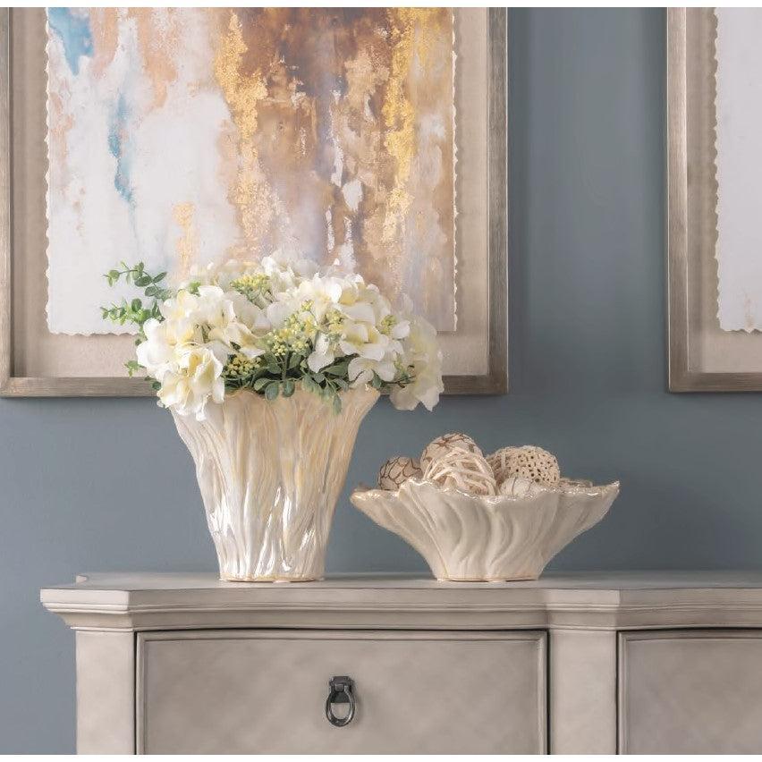Crestview Collection Quinton 11" & 9" & 5" 3-Piece Transitional Ceramic Organic Shaped Vase and Bowl In Iridescent White Glazed Finish