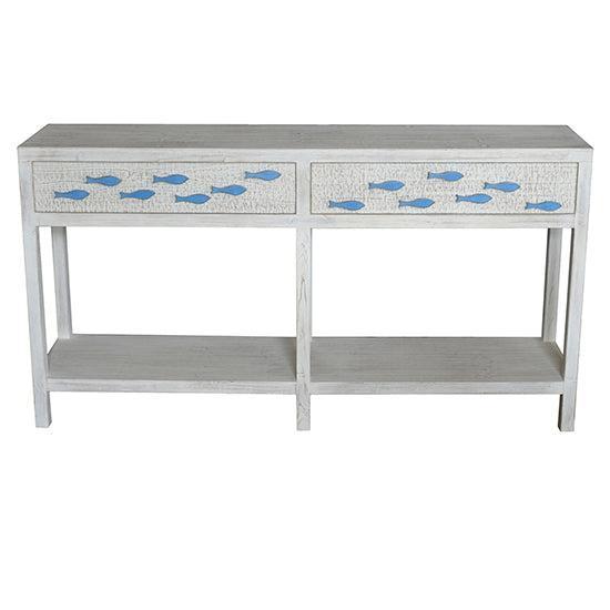 Crestview Collection Swimming Upstream 64" x 15" x 34" 2-Drawer Coastal Wood Aqua Fish Console In Antique White Finish