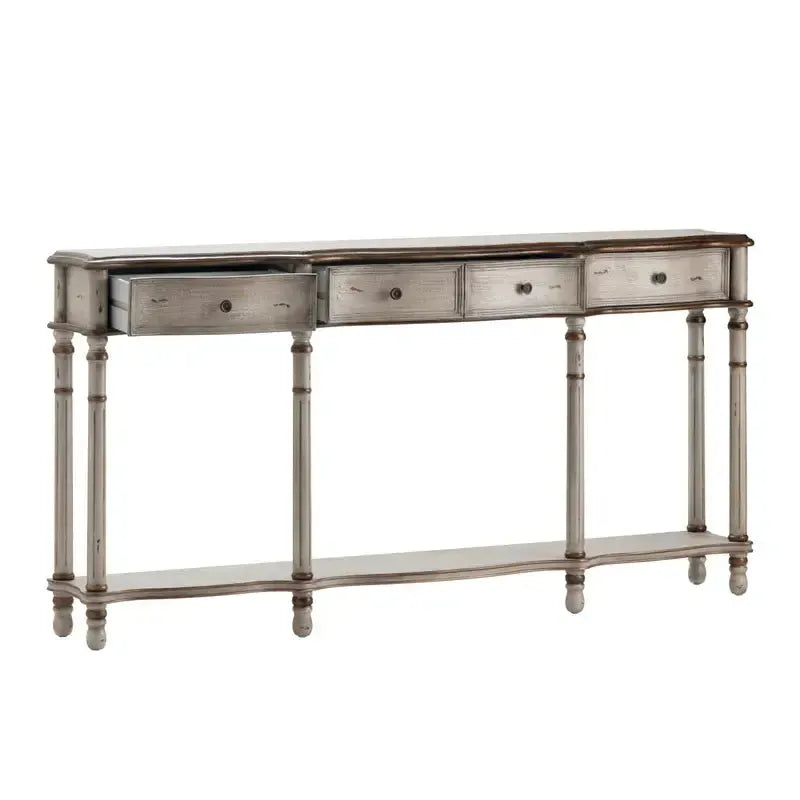 Crestview Collection Victoria 68" x 12" x 34" 3-Drawer Traditional Wood Console Table In Weathered White and Gold Finish