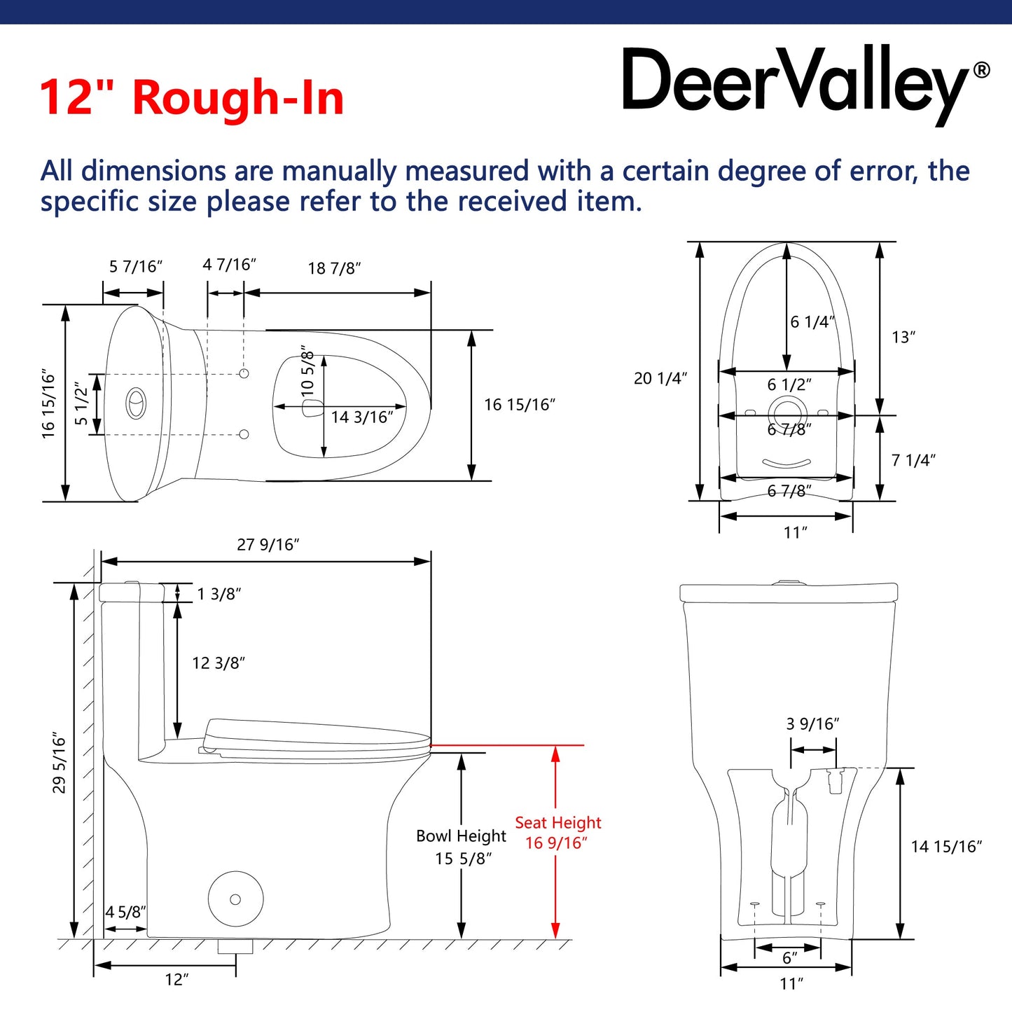 DeerValley Horizon 12" Rough-in Dual-Flush Elongated White One-Piece Toilet