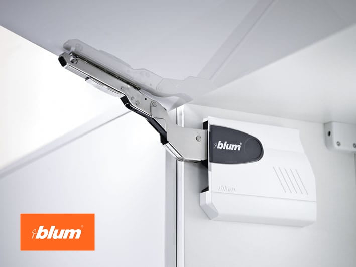 Domain Cabinets WSL3018-WNT-UN Walnut Slab 30" x 18" With 1 Door and Blum Aventos HK Heavy Duty Brown Wooden Horizontal Wall Cabinet