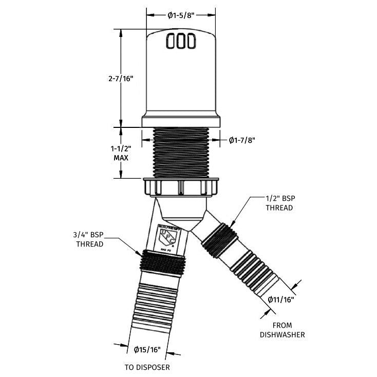 Flusso Faucets Klassiker 2" Round Matte Black Stainless Steel Dishwasher Air Gap