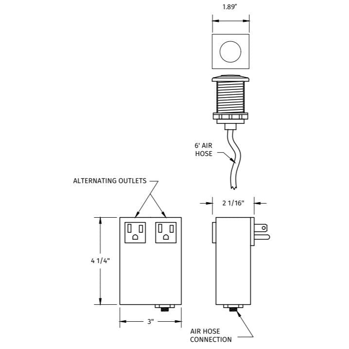 Flusso Faucets Klassiker 2" Square Stainless Steel Air Switch Garbage Disposal