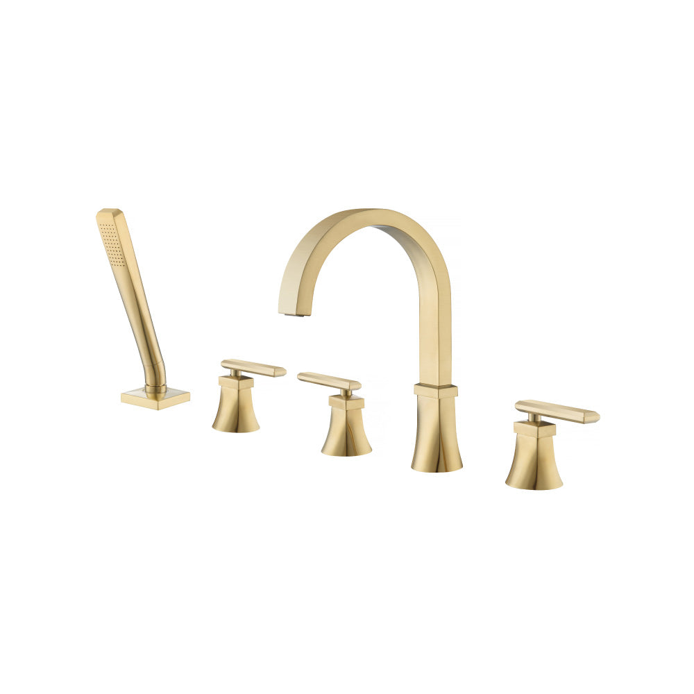 Flusso Faucets Satin Brass PVD Five Hole Deck Mounted Roman Tub Faucet With Hand Shower