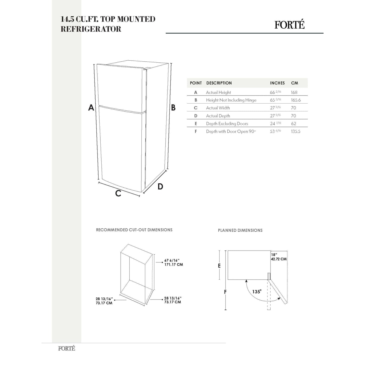 Forte 250 Series 28" 14.5 Cu. Ft. White Counter Depth Top Freezer Refrigerator
