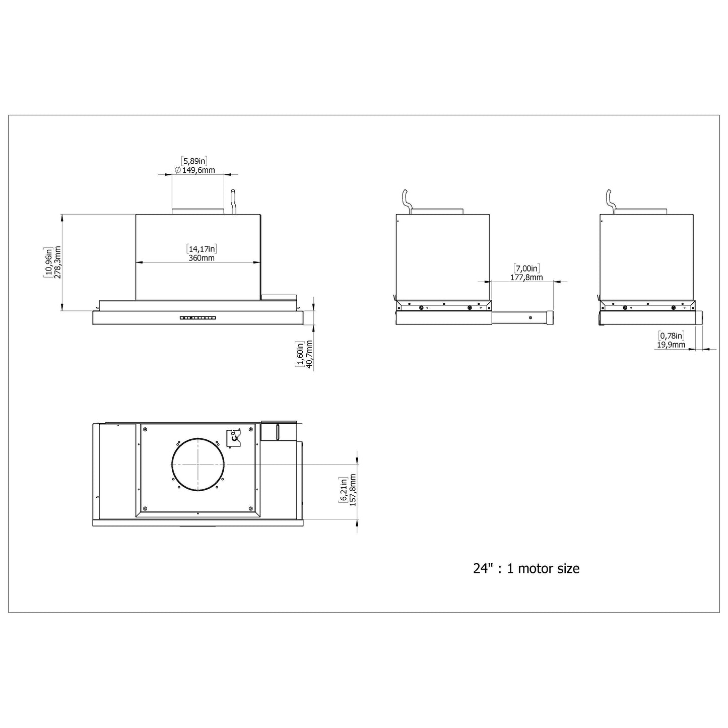 Forte Keira 24" 600 CFM Convertible Residential Round Duct Stainless Steel Slide Out Cabinet Insert Range Hood With LED Bar Lighting