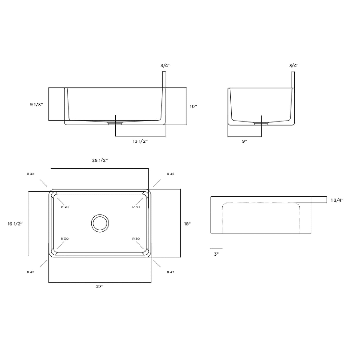 Fortis 27" White Single Bowl Farmhouse Apron-Front Reversible Fireclay Rectangular Kitchen Sink