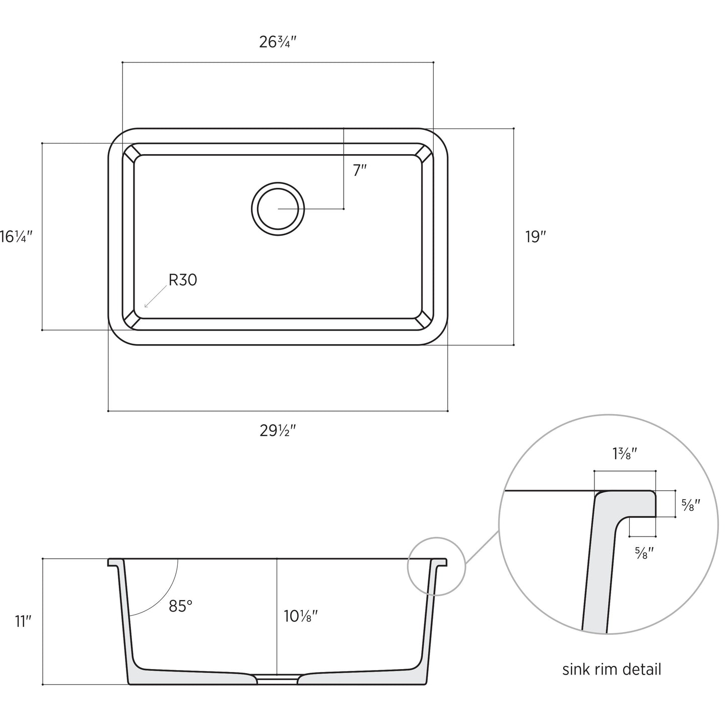Fortis 30" White Single Bowl Drop-in/Undermount Fireclay Rectangular Kitchen Sink