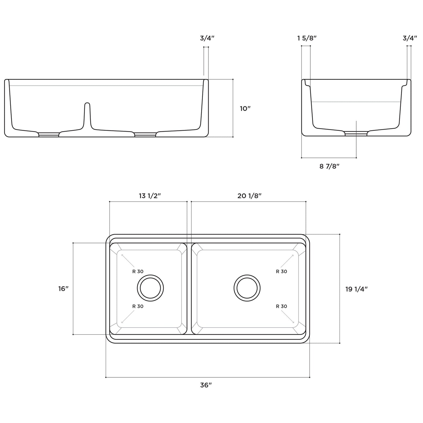 Fortis 36" White Double Bowl Farmhouse Reversible Fireclay Rectangular Kitchen Sink