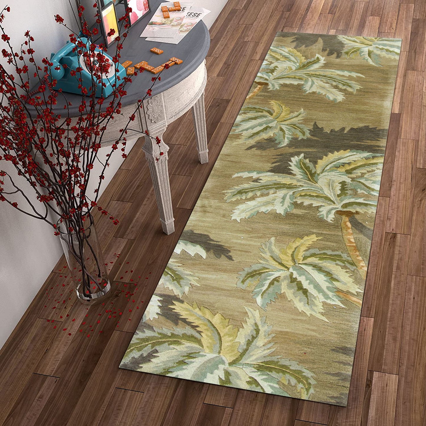 HomeRoots 10' Moss Green Hand Tufted Tropical Trees Indoor Runner Rug
