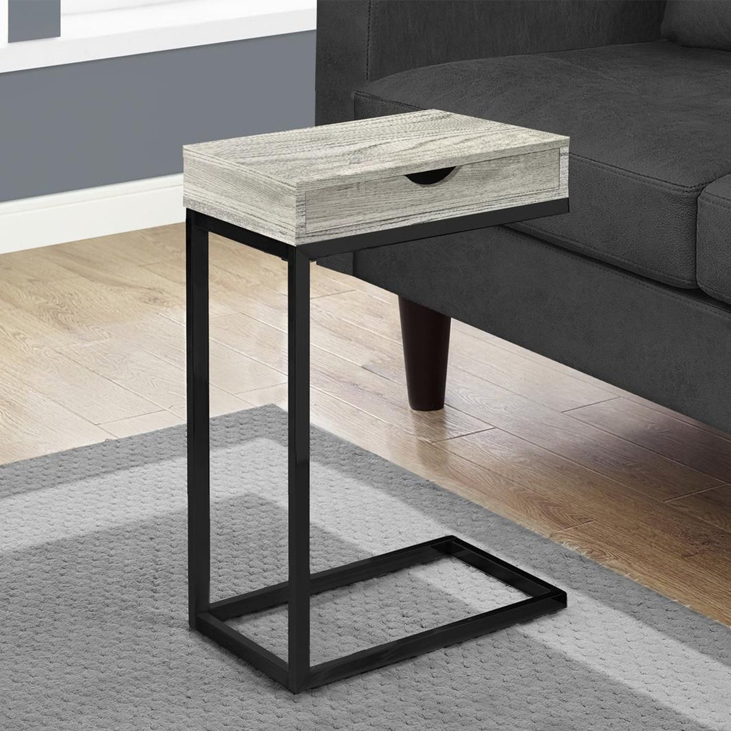 HomeRoots 10.25" x 15.75" x 24.5" Grey Drawer and Black Metal Accent Table