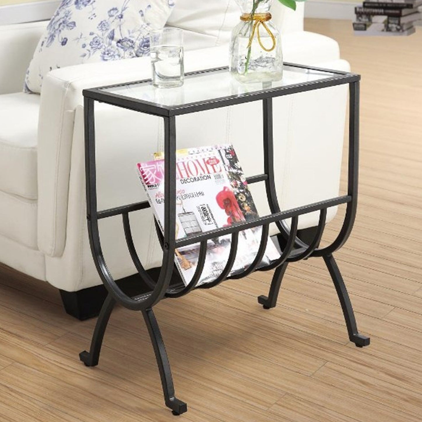 HomeRoots 11.5" x 18.25" x 22" Clear Metal Tempered Glass Accent Table in Brown Finish