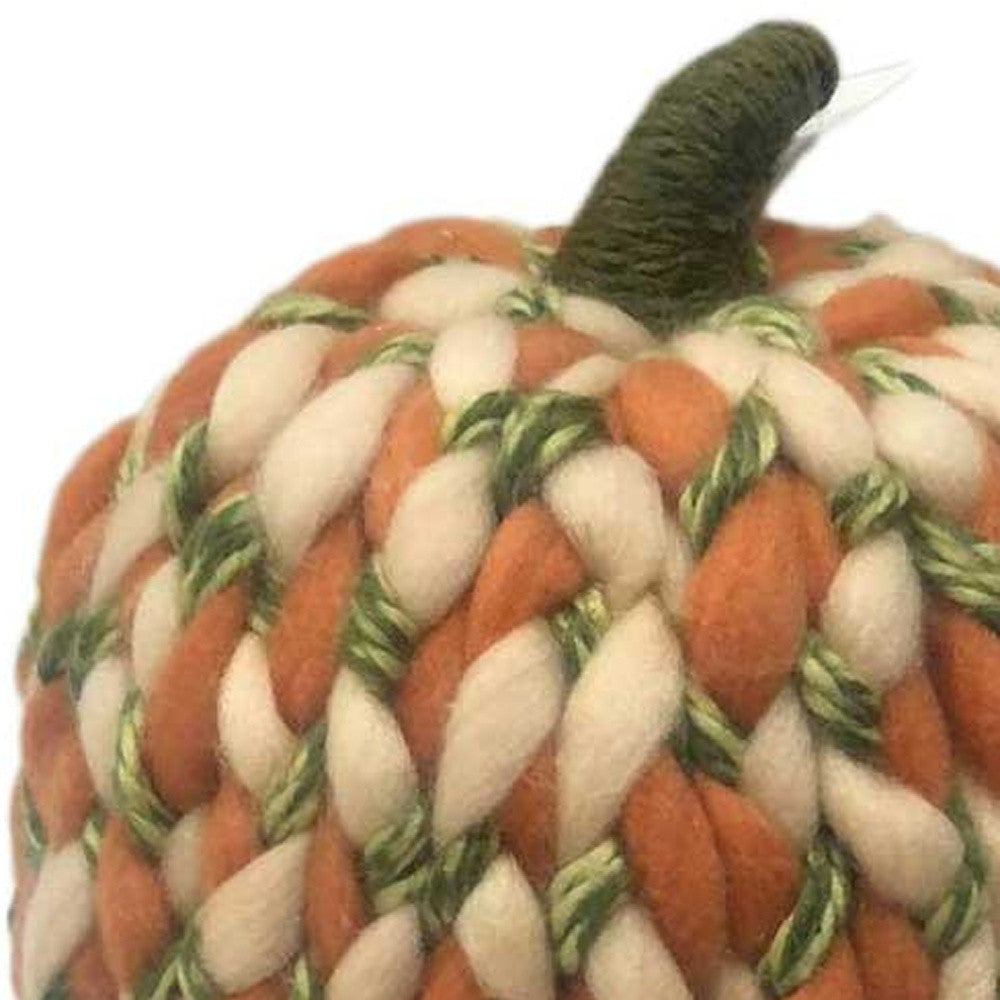 HomeRoots 12" Ivory Green and Orange Chunky Knit Pumpkin Sculpture