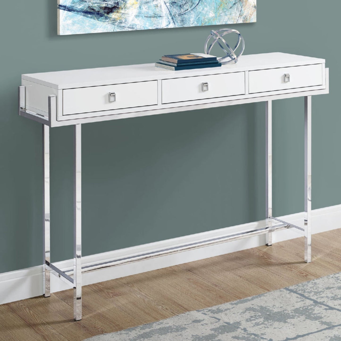 HomeRoots 12" x 48" x 31.75" Particle Board Metal Accent Table in White Finish