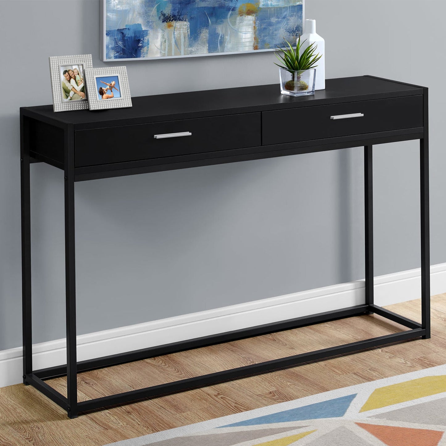 HomeRoots 12" x 48" x 32" Black Laminated Finish and Black Metal Accent Table