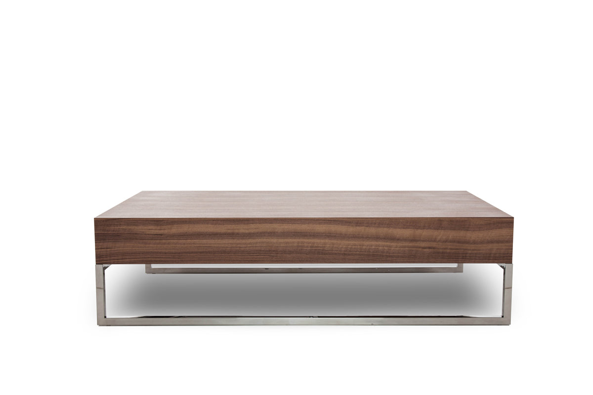 HomeRoots 13" Veneer Steel and Glass Coffee Table in Walnut Finish