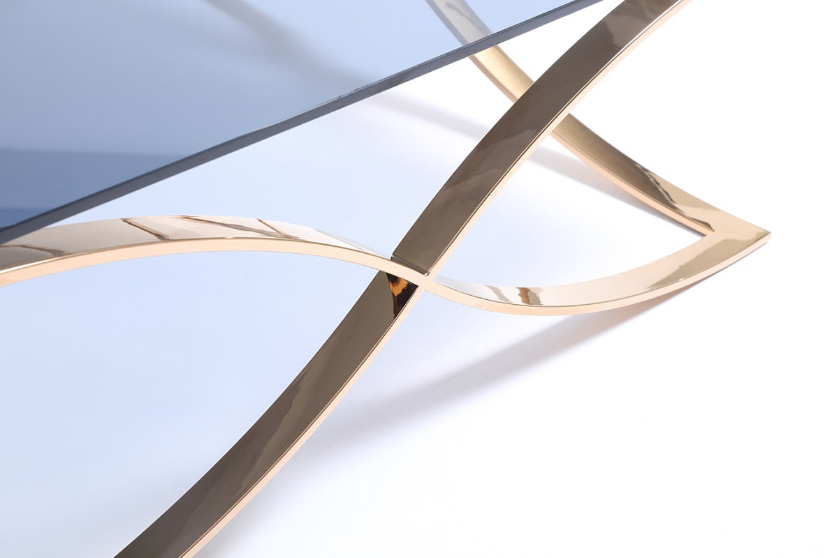 HomeRoots 14" Smoked Glass and Rosegold Stainless Steel Coffee Table