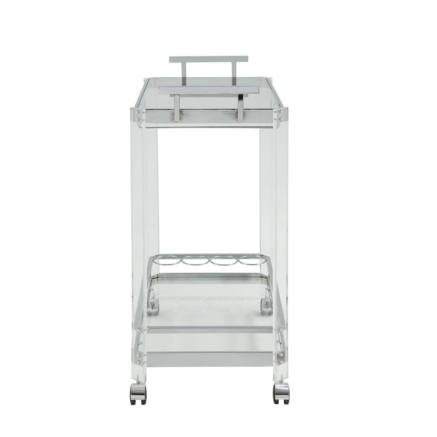 HomeRoots 17" x 29" x 35" Metal and Acrylic Serving Cart With Clear Glass Counter in Chrome Finish