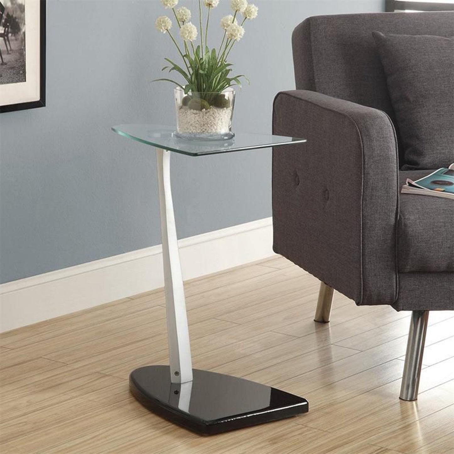 HomeRoots 17.75" x 13.75" x 23.75" Particle Board Tempered Glass Accent Table With Black and Silver Finish