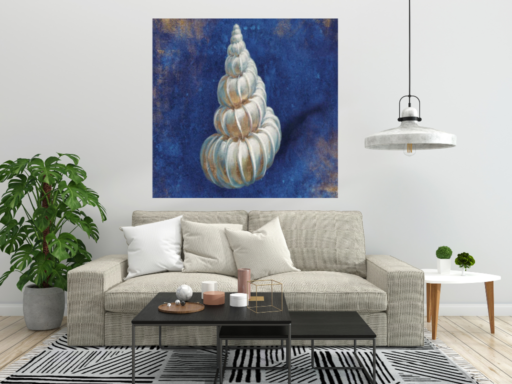 HomeRoots 18" Rustic Deep Blue and Gold Shell Giclee Wrap Canvas Wall Art