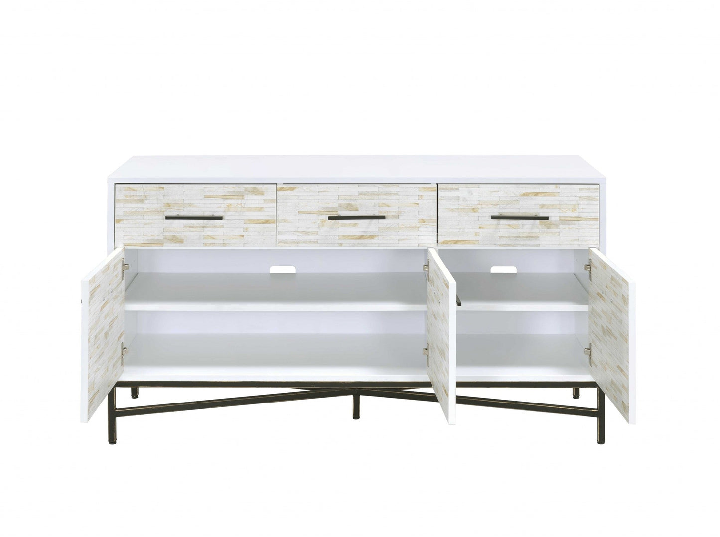 HomeRoots 18" x 54" x 30" White Metal Console Table With Weathered Wood Pattern