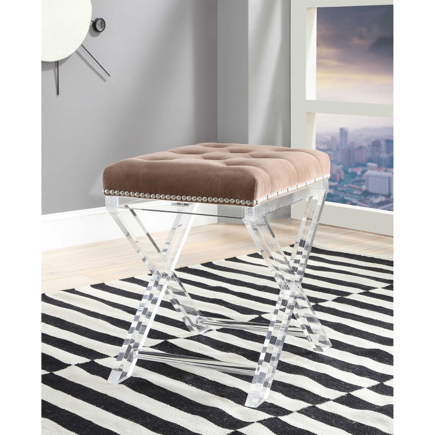 HomeRoots 19" x 14" x 19" Brown Fabric And Clear Acrylic Stool