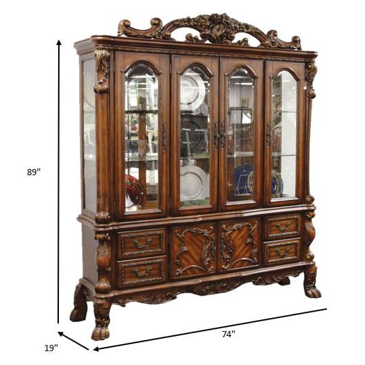 HomeRoots 19" x 74" x 89" Poly Resin Glass Hutch Buffet With Cherry Oak Wood Finish