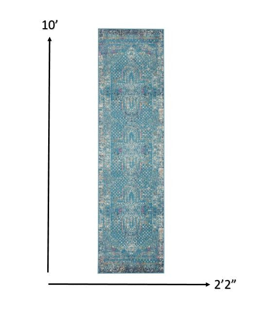 HomeRoots 2' x 10' Blue Distressed Medallion Runner Rug