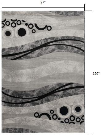 HomeRoots 2' x 10' Gray and Black Abstract Waves Runner Rug