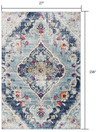 HomeRoots 2' x 13' Blue Distressed Medallion Runner Rug