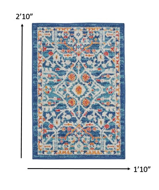 HomeRoots 2' x 3' Blue White Multi Medallion Medallion Scatter Rug