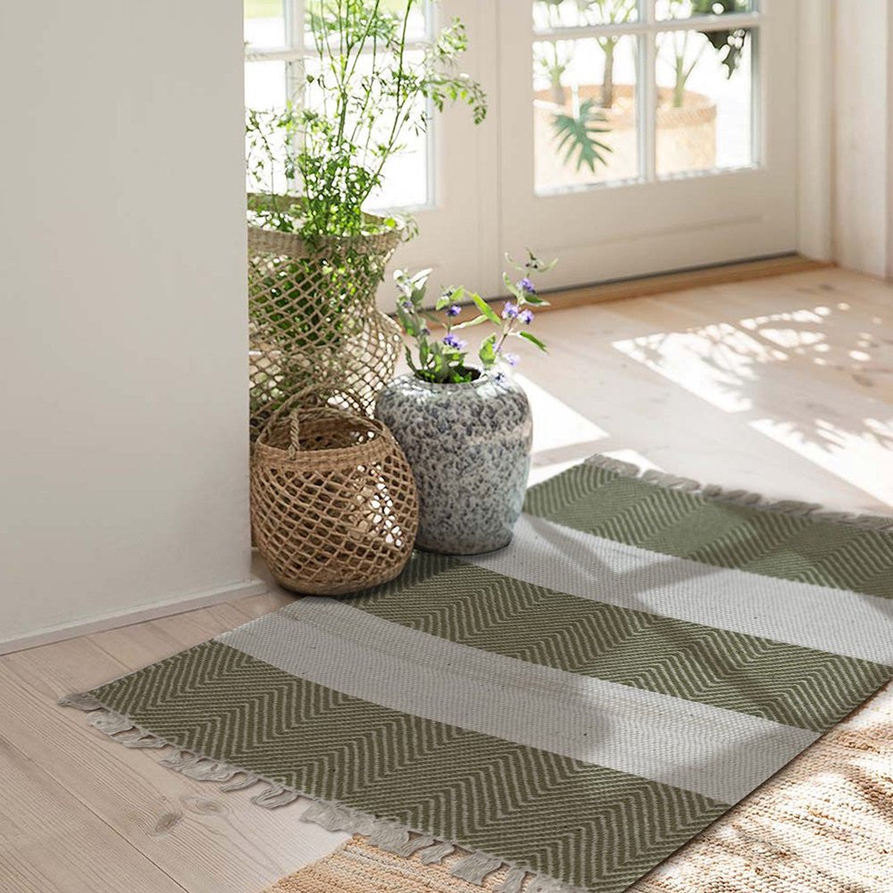 HomeRoots 2' x 4' Green and White Chevron Striped Area Rug