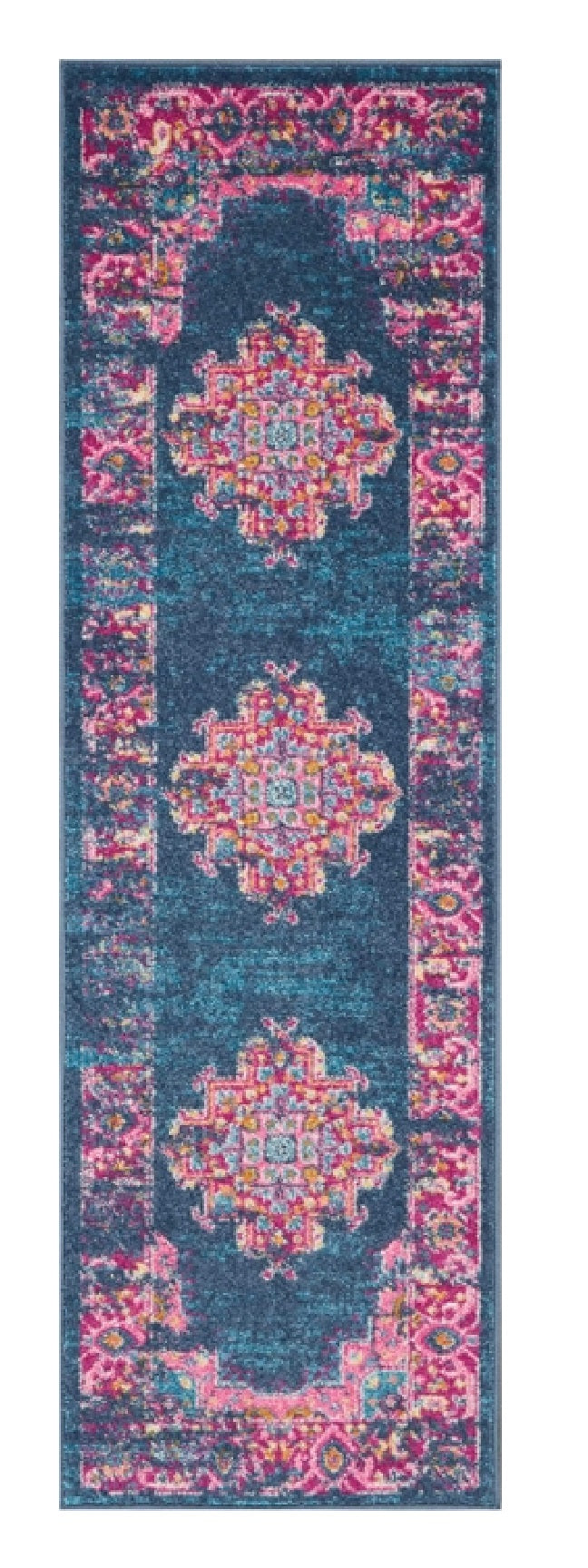 HomeRoots 2’ x 6’ Blue and Pink Medallion Runner Rug
