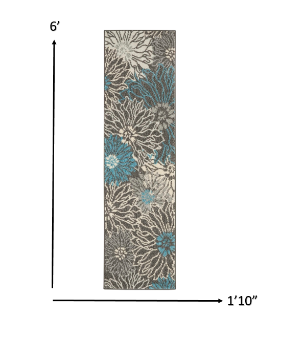 HomeRoots 2’ x 6’ Charcoal and Blue Big Flower Runner Rug