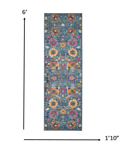HomeRoots 2' x 6’ Denim Blue Distressed Runner Rug With Florals Finish