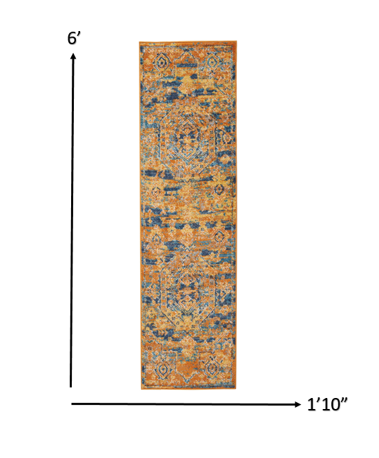 HomeRoots 2' x 6' Gold and Blue Antique Runner Rug