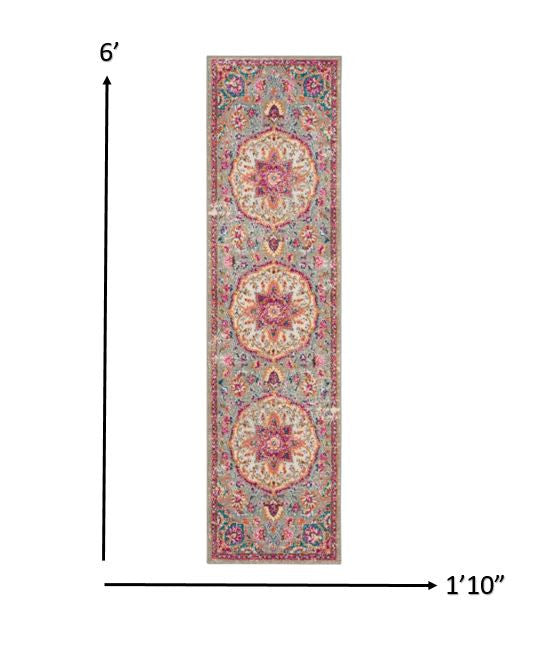 HomeRoots 2' x 6' Gray and Pink Medallion Runner Rug